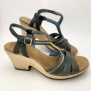 Clarks Sandals Womens 9.5 Blue Heels Espadrille Leather Open Toe Comfort Boho
